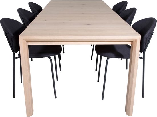 SliderWW eethoek eetkamertafel uitschuifbare tafel lengte cm 170 / 250 eik wit washeded en 6 Vault eetkamerstal zwart.