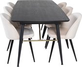 Gold eethoek eetkamertafel uitschuifbare tafel lengte cm 180 / 220 zwart en 6 Velvet eetkamerstal velours beige, zwart.