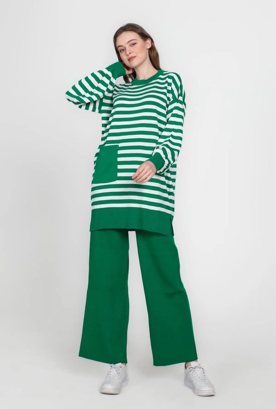 SOCKSTON- Gebreide Pak- Loungewear- Dames huispak - moederdag cadeautje - cadeau voor dames- Ribgebreide broek en trui - groen met witte strepen