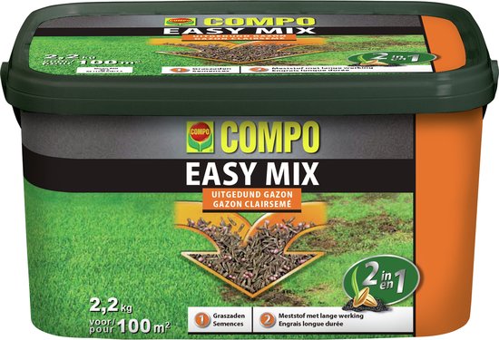 COMPO Easy Mix - 2 in 1 : zaaien en bemesten - voor herstel van uitgedunde gazons - emmer 2,2 kg (100 m²)