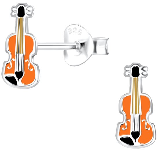 Joy|S - Zilveren viool oorbellen - 4 x 8 mm - bruin / oranje - kinderoorbellen