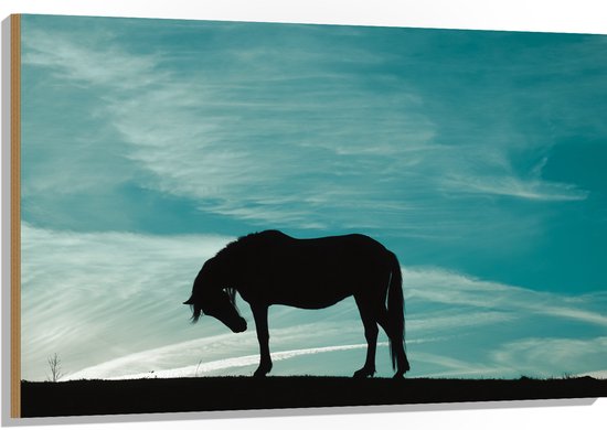 Hout - Silhouet van Buigend Paard onder Stralend Blauwe Lucht - 120x80 cm - 9 mm dik - Foto op Hout (Met Ophangsysteem)