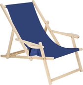 Springos - Chaise longue - Chaise de plage - Chaise longue - Réglable - Accoudoirs - Bois de hêtre - Handgemaakt - Bleu marine