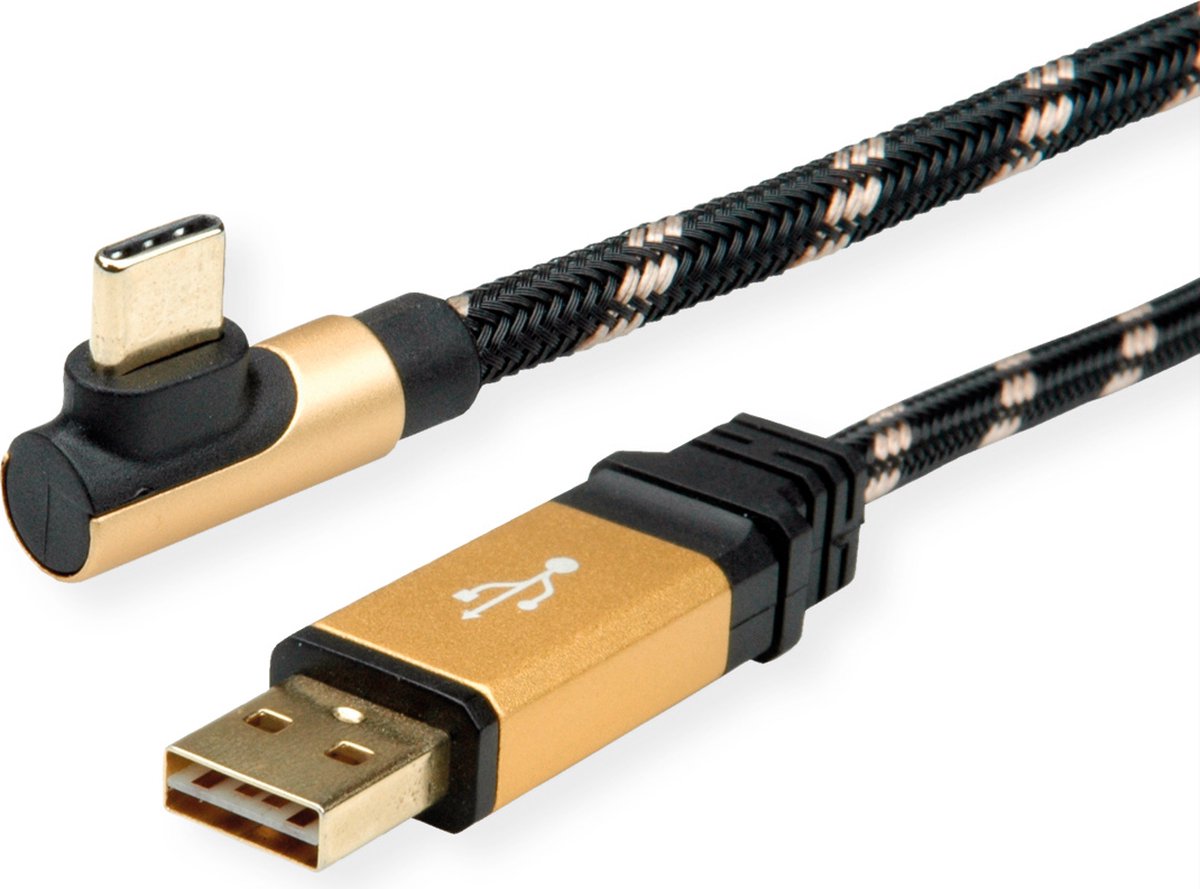 ROLINE GOLD USB 2.0 Kabel, USB A Male reversible - USB C 90° Male, 0,8 m