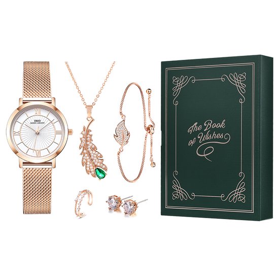 Boerni Aibisino Rosé Gouden Horloge, Ring , Armband, oorbellen en Ketting Goud luxe geschenk set luxe geschenk set | Crystal glas | Romeinse cijfers | Premium kwaliteit uurwerk Quartz Japan | Mineraal | Geschenk | Fashion | Elegant | Dames | Vrouw |