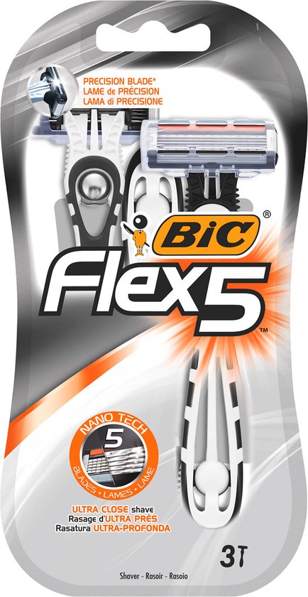 BIC Flex 5 scheermes verpakking met 3 scheermesjes, met oranje en zwarte accenten.