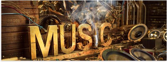 Poster (Mat) - Houten Letters met ''MUSIC'' op Machine - 60x20 cm Foto op Posterpapier met een Matte look