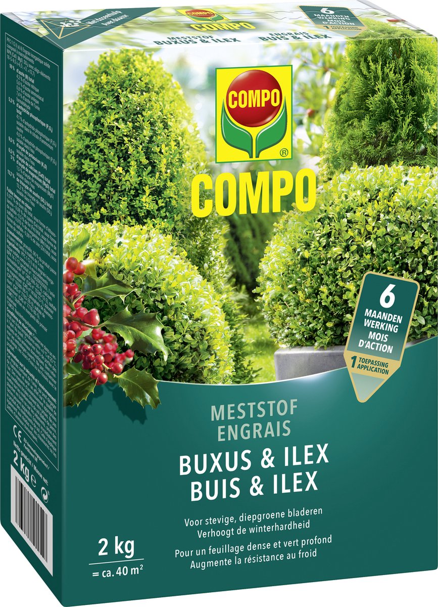 COMPO Meststof Buxus & Ilex - directe en lange werking 6 maanden - voor een stevige groei en diepgroene bladeren - doos 2 kg