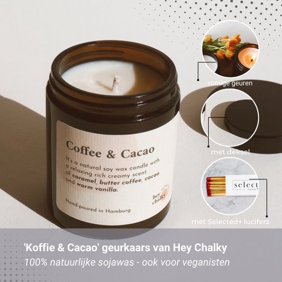 Geurkaars 'Koffie & Cacao' - Vegan en natuurlijke geurkaars - geurkaars in glas - merk Hey Chalky - met Selected+ lucifers