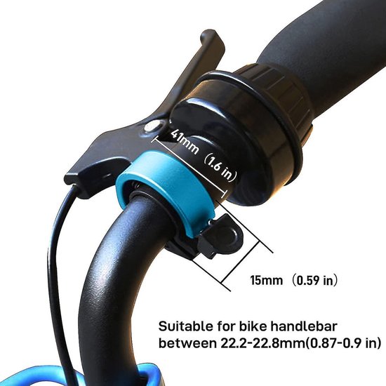 Blauwe fietsbel met afmetingen 41mm (1.6 inch) breed en 15mm (0.59 inch) diep. Geschikt voor stuur van 22.2-22.8mm.