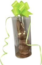 Pasen - Chocoladecadeau - Lachende Paashaas - ingekleurd - In doorzichtige folie met een paas strik