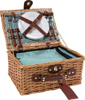 Handgemaakte picknickmand voor 2 personen, koelvak, multifunctioneel mes, roestvrij stalenbestek, inclusief borden en wijnglazen, groot gingham patroon