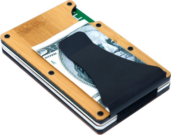 Porte-cartes en bois avec pince à billets - Porte-cartes - Pince à billets - Extensible - Sécurité RFID - Bois - Marron