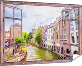 Gards Tuinposter Doorkijk Huizen aan de Oudegracht in Utrecht - 180x120 cm - Tuindoek - Tuindecoratie - Wanddecoratie buiten - Tuinschilderij