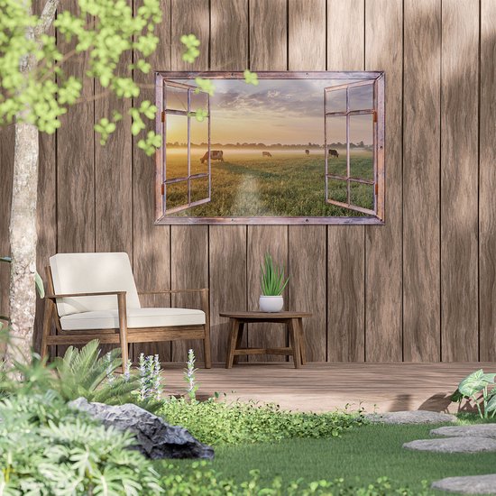 Gards Affiche de jardin Vaches transparentes dans le pré au lever du soleil - 120x80 cm - Toile jardin - Décoration de jardin - Décoration murale extérieur - Tableau jardin
