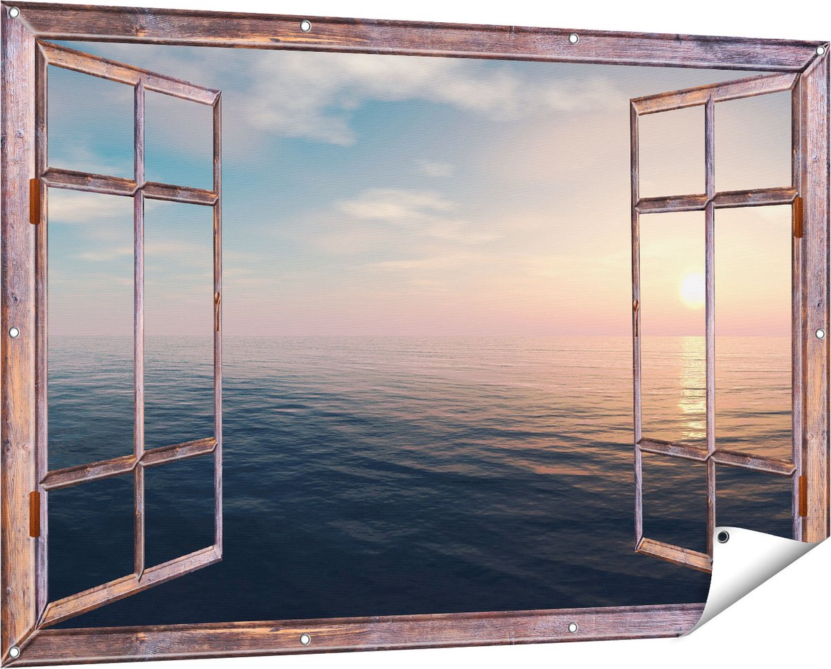 Gards Tuinposter Doorkijk Zee Water tijdens Zonsondergang - 150x100 cm - Tuindoek - Tuindecoratie - Wanddecoratie buiten - Tuinschilderij bruin