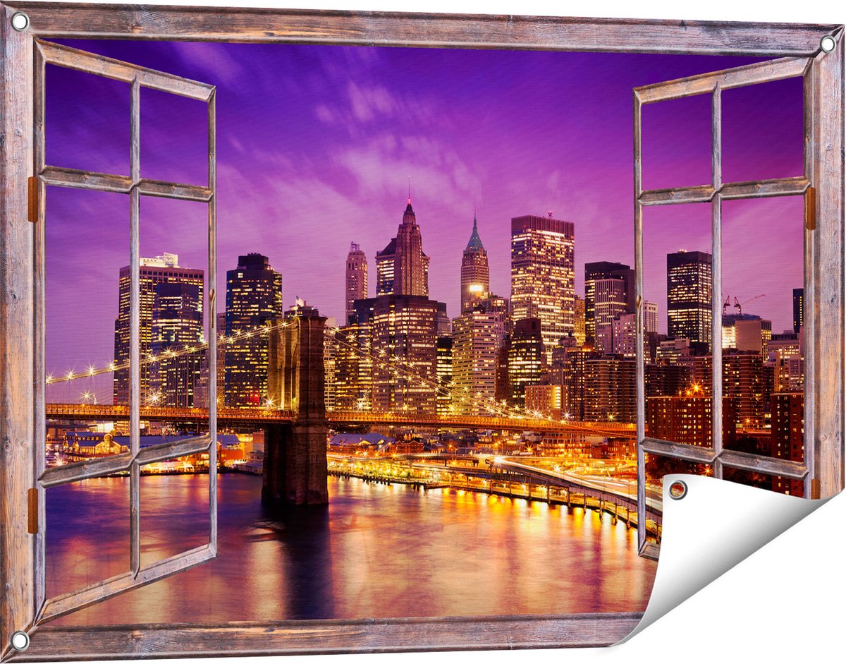 Gards Tuinposter Doorkijk Skyline New York van Centrum in het Paars - 90x60 cm - Tuindoek - Tuindecoratie - Wanddecoratie buiten - Tuinschilderij