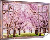 Gards Tuinposter Doorkijk Roze Bloesembomen Park - Bloemen - 180x120 cm - Tuindoek - Tuindecoratie - Wanddecoratie buiten - Tuinschilderij