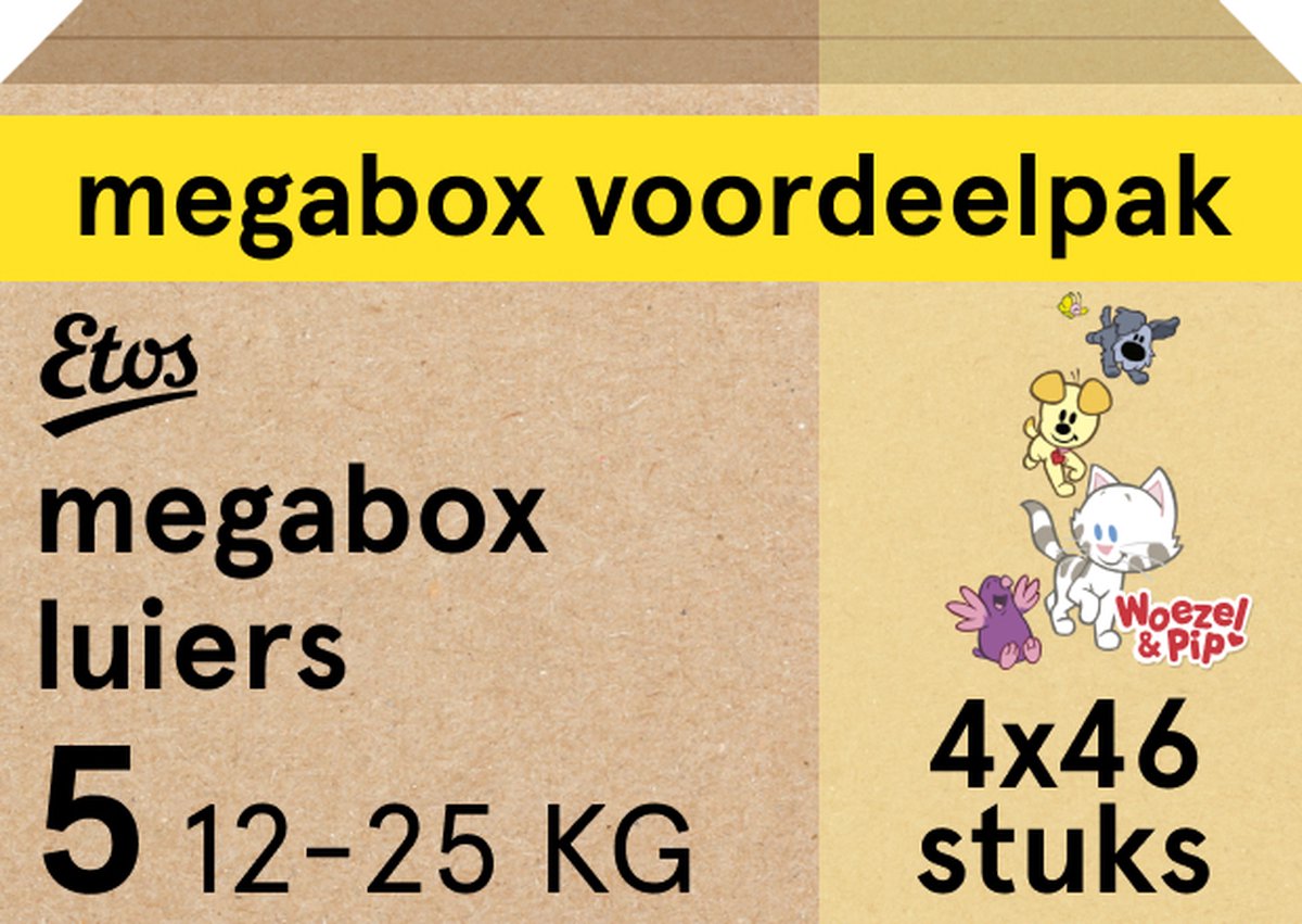 Goedkoopste Etos Luiers - Woezel & Pip - Maat 5 - 12 tot 25kg - Megabox Voordeelpak - 184 stuks