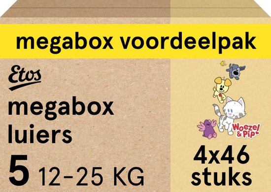 Etos Luiers - Woezel & Pip - Maat 5 - 12 tot 25kg - Megabox Voordeelpak - 184 stuks