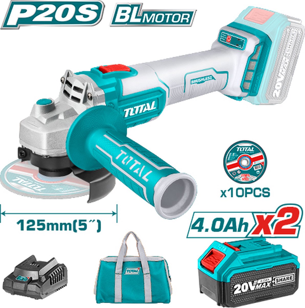 Haakse slijper 125mm - Lithium ion 4,0ah 20V - 8500rpm - Inclusief 2x accu, 1x lader & opbergtas