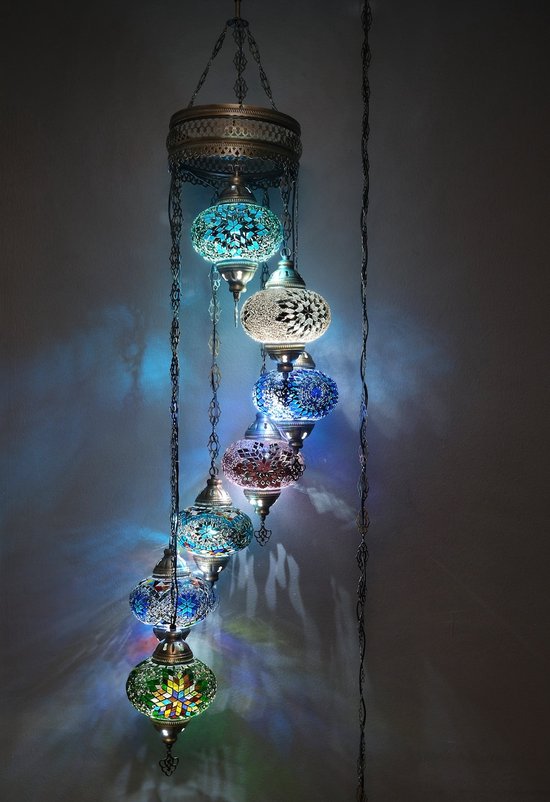 Turkse Lamp Hanglamp Mozaïek Lamp  Marokkaanse Lamp  Oosters Lamp Authentiek  Handgemaakt Kroonluchter Multicolour  7 bollen