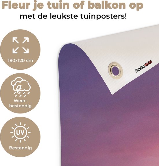 Tuinposter 180x120 cm - Tuindecoratie Bloemen - Weg - Lucht - Geel - Paars - Zonsondergang - Natuur - Poster voor in de tuin - Buiten decoratie - Schutting tuinschilderij - Tuindoek muurdecoratie - Wanddecoratie balkondoek