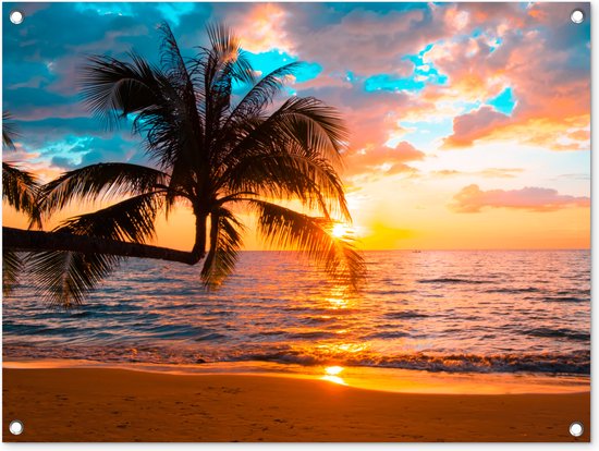 Tuinposter zonsondergang beach - Tuindecoratie strand met palmbomen - 80x60 cm - Tuinschilderij voor buiten - Tuindoek zee tropisch - Wanddecoratie tuin - Schuttingdoek - Balkon decoratie - Muurdecoratie - Buitenschilderij