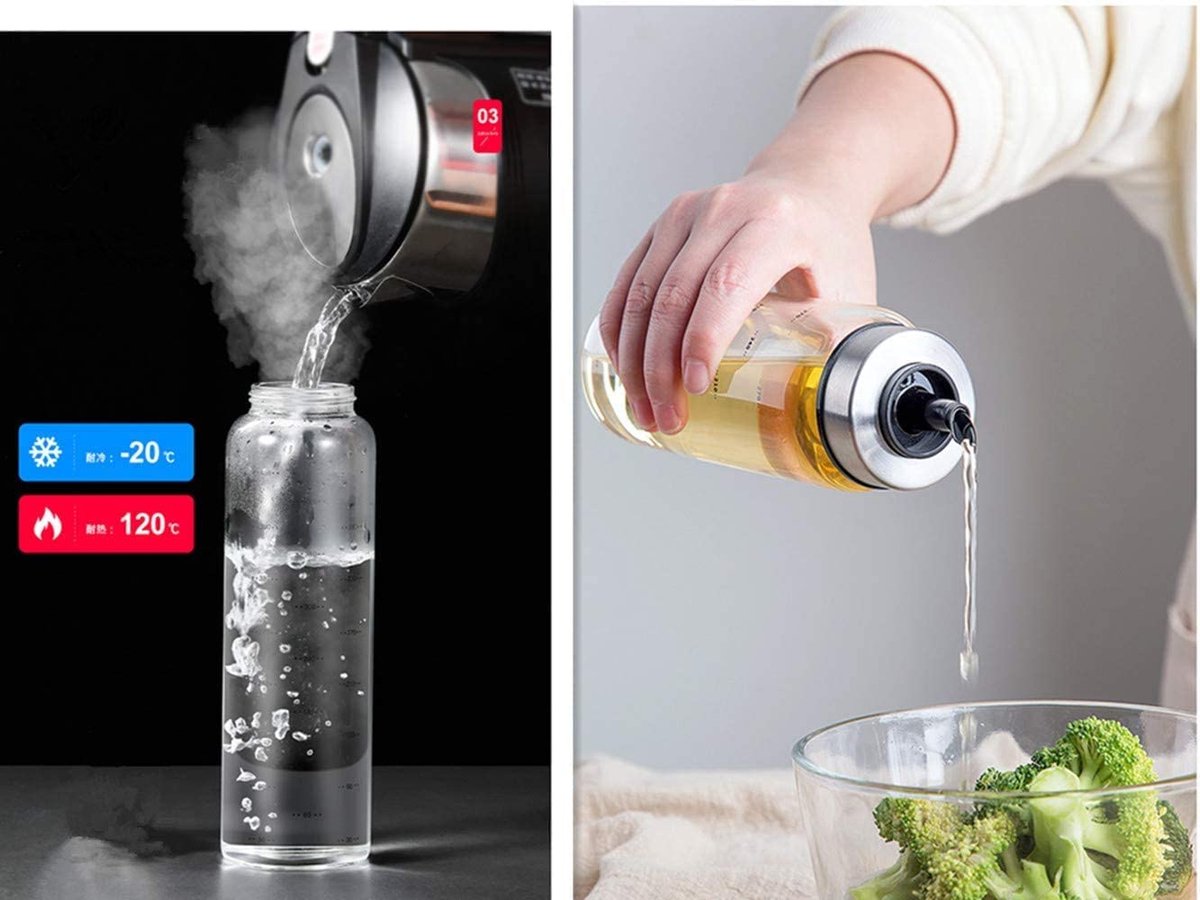 Olijfoliedispenserfles voor de keuken met meetschaal, 2-in-1 oliespuit voor het koken