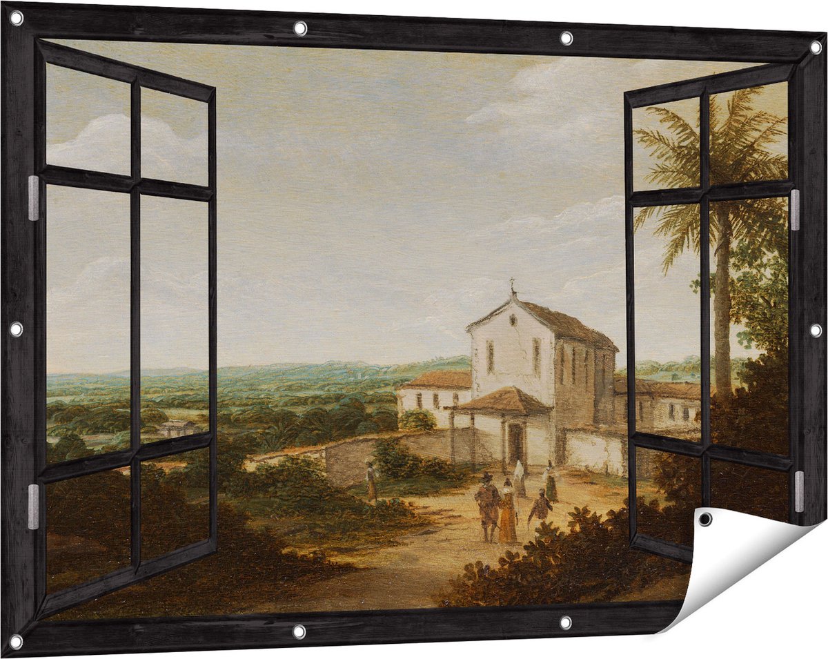 Gards Tuinposter Doorkijk Kerkelijk Gebouw in Brazilië - Frans Jansz. Post - 120x80 cm - Tuindoek - Tuindecoratie - Wanddecoratie buiten - Tuinschilderij Zwart