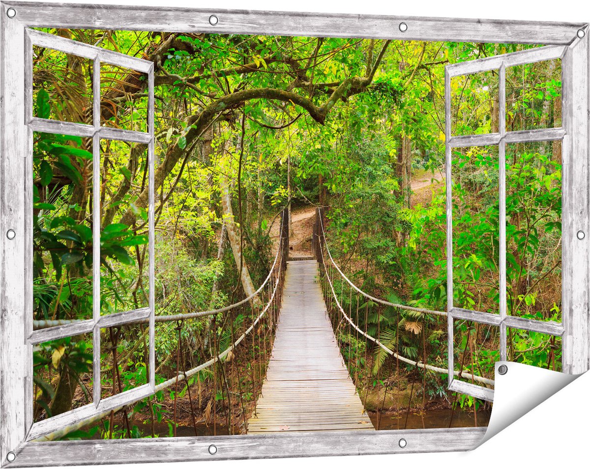 Gards Tuinposter Doorkijk Hangbrug - 120x80 cm - Tuindoek - Tuindecoratie - Wanddecoratie buiten - Tuinschilderij grijs