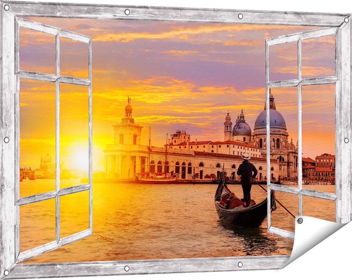 Gards Tuinposter Doorkijk Gondel in Venetië voor het Basiliek - 120x80 cm - Tuindoek - Tuindecoratie - Wanddecoratie buiten - Tuinschilderij Grijs
