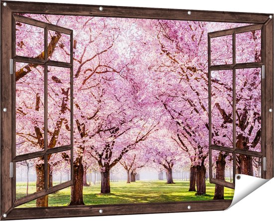 Gards Affiche de jardin Transparente Parc d'arbres en fleurs roses - Fleurs - 150x100 cm - Toile jardin - Décoration de jardin - Décoration murale extérieur - Tableau jardin