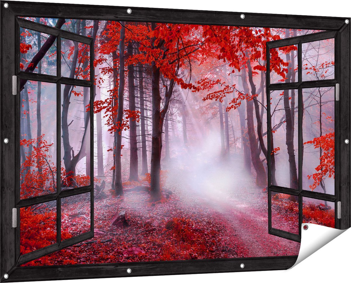 Gards Tuinposter Doorkijk Rood Bos met Bomen - 150x100 cm - Tuindoek - Tuindecoratie - Wanddecoratie buiten - Tuinschilderij Zwart