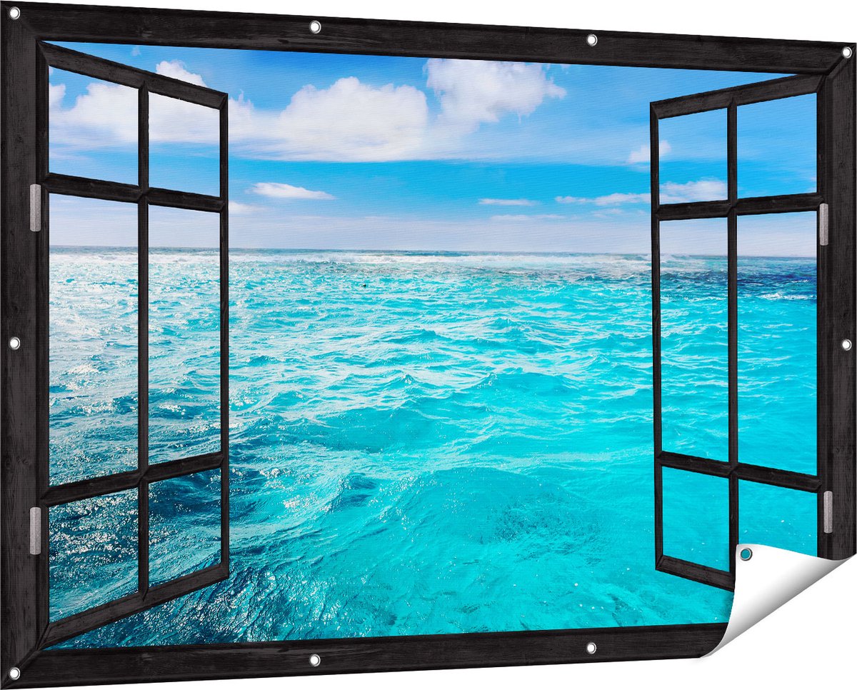 Gards Tuinposter Doorkijk Blauwe Caribische Zee Water - 150x100 cm - Tuindoek - Tuindecoratie - Wanddecoratie buiten - Tuinschilderij Zwart