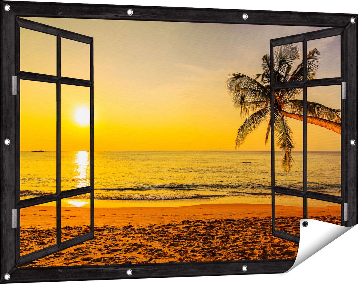 Gards Tuinposter Doorkijk Tropisch Strand tijdens Zonsondergang - 120x80 cm - Tuindoek - Tuindecoratie - Wanddecoratie buiten - Tuinschilderij Zwart