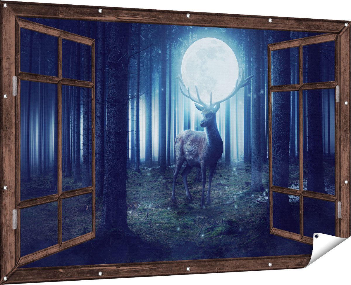 Gards Tuinposter Doorkijk Hert in het Bos tijdens Volle Maan - 180x120 cm - Tuindoek - Tuindecoratie - Wanddecoratie buiten - Tuinschilderij Multikleur