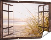 Gards Tuinposter Doorkijk Strand en Duinen tijdens Zonsondergang - 120x80 cm - Tuindoek - Tuindecoratie - Wanddecoratie buiten - Tuinschilderij
