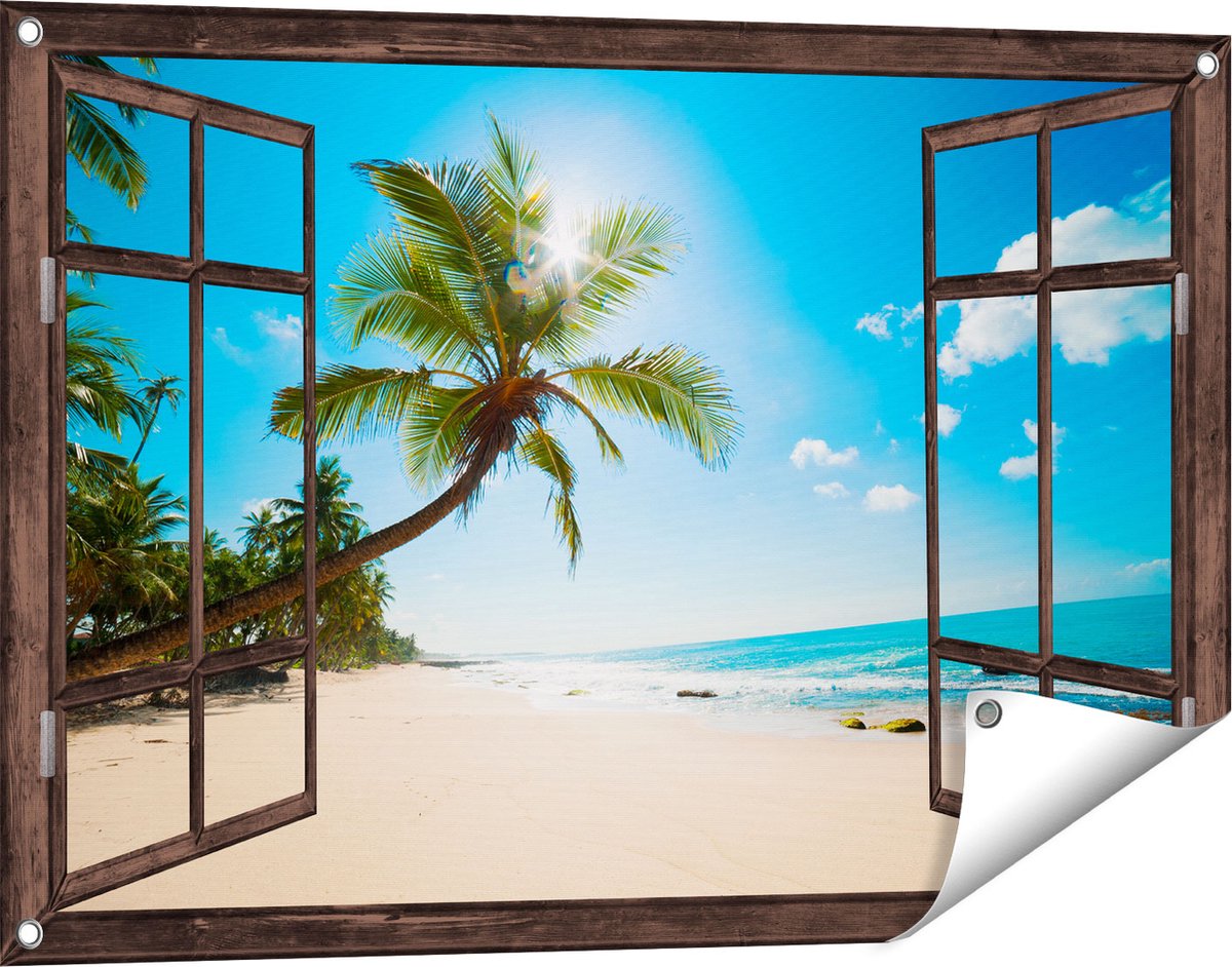 Gards Tuinposter Doorkijk Tropisch Strand en Zee in Sri Lanka - 90x60 cm - Tuindoek - Tuindecoratie - Wanddecoratie buiten - Tuinschilderij Donker bruin