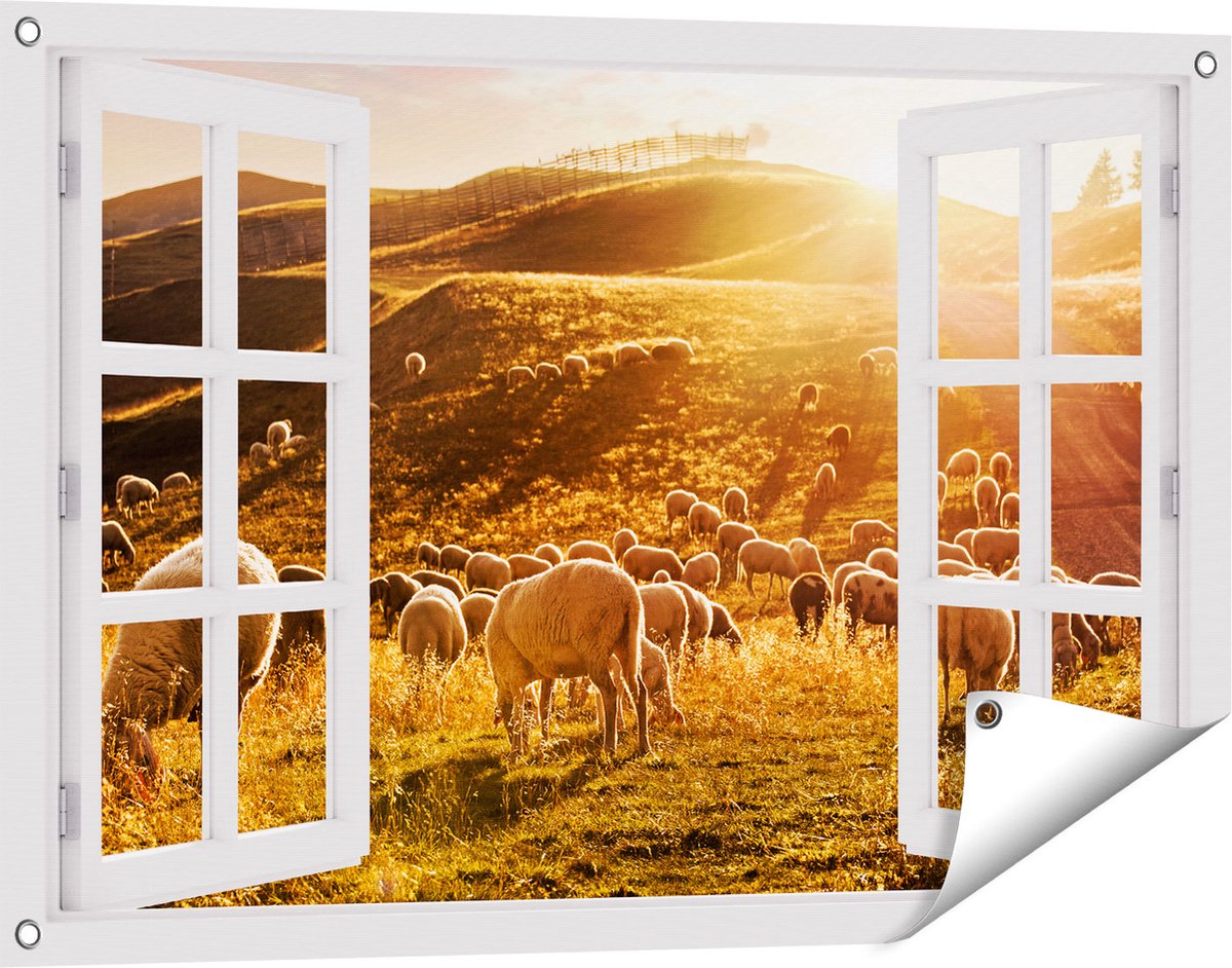 Gards Tuinposter Doorkijk Schapen in de Heuvels bij Zonsondergang - 90x60 cm - Tuindoek - Tuindecoratie - Wanddecoratie buiten - Tuinschilderij wit