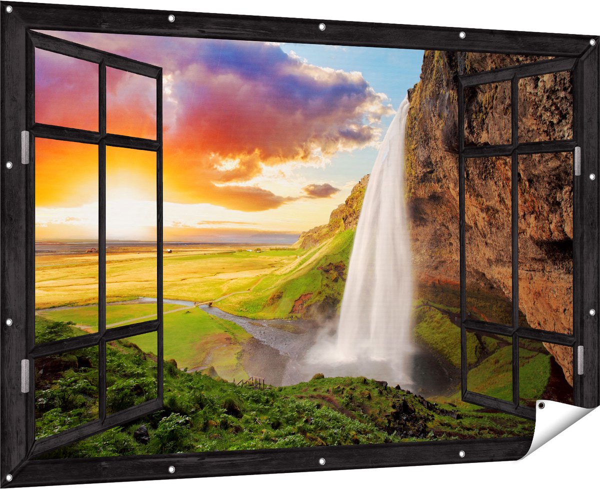 Gards Tuinposter Doorkijk Waterval in IJsland met Zonsondergang - 180x120 cm - Tuindoek - Tuindecoratie - Wanddecoratie buiten - Tuinschilderij Multikleur