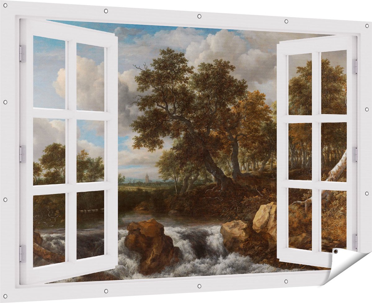 Gards Tuinposter Doorkijk Landschap met Waterval - Jacob van Ruisdael - 180x120 cm - Tuindoek - Tuindecoratie - Wanddecoratie buiten - Tuinschilderij Multikleur