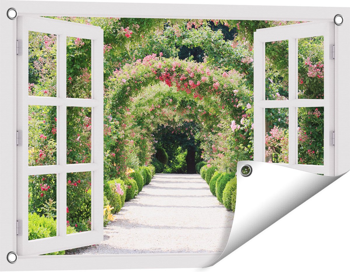Gards Tuinposter Doorkijk Rozenbogen Tunnel - 60x40 cm - Tuindoek - Tuindecoratie - Wanddecoratie buiten - Tuinschilderij