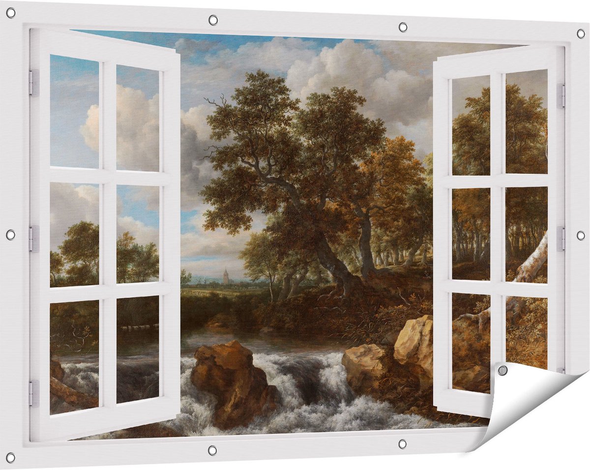 Gards Tuinposter Doorkijk Landschap met Waterval - Jacob van Ruisdael - 120x80 cm - Tuindoek - Tuindecoratie - Wanddecoratie buiten - Tuinschilderij Wit