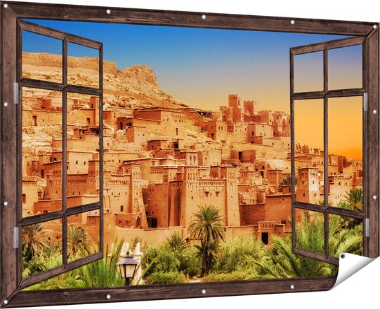 Gards Tuinposter Doorkijk Kasbah Ait Ben Haddou Stad in Marokko - 180x120 cm - Tuindoek - Tuindecoratie - Wanddecoratie buiten - Tuinschilderij