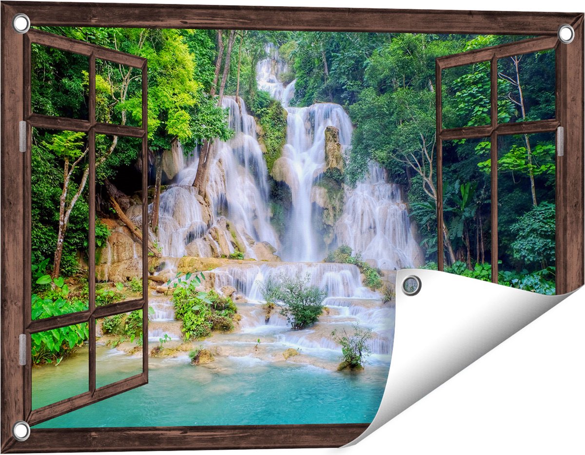 Gards Tuinposter Doorkijk Waterval in het Tropische Natuur - 60x40 cm - Tuindoek - Tuindecoratie - Wanddecoratie buiten - Tuinschilderij donker bruin