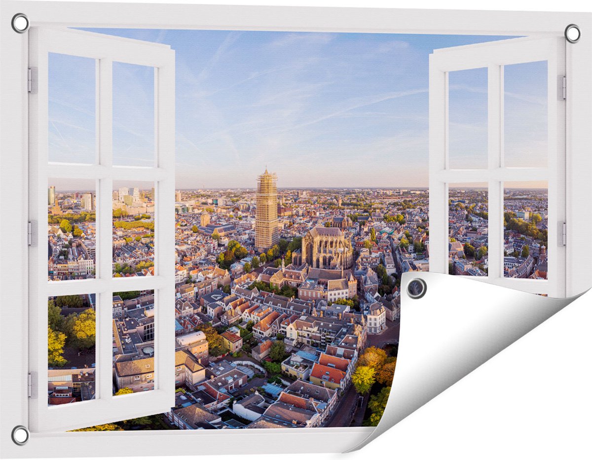 Gards Tuinposter Doorkijk Utrecht vanuit de Lucht - 60x40 cm - Tuindoek - Tuindecoratie - Wanddecoratie buiten - Tuinschilderij wit