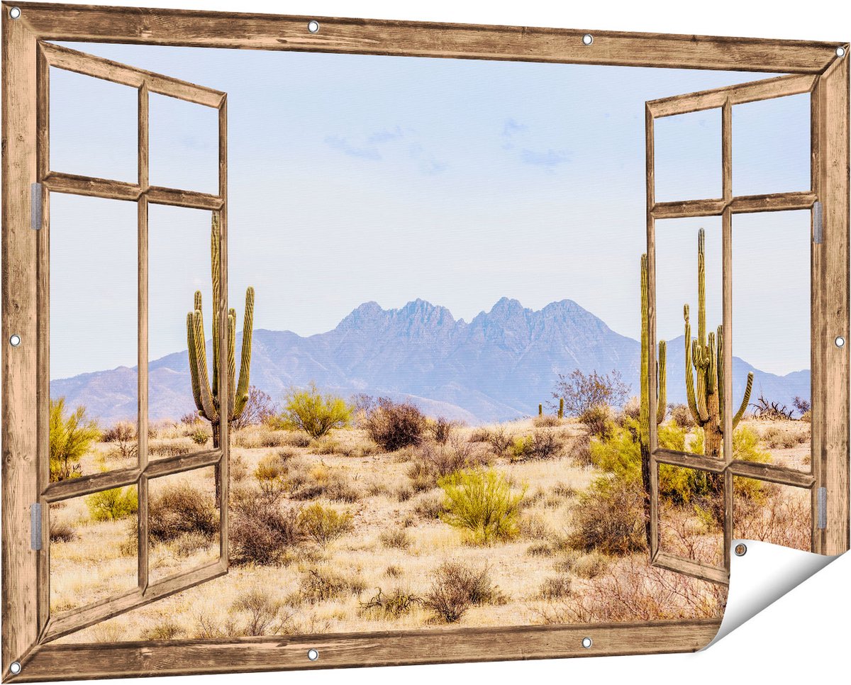 Gards Tuinposter Doorkijk Cactussen in de Woestijn - 150x100 cm - Tuindoek - Tuindecoratie - Wanddecoratie buiten - Tuinschilderij Licht bruin