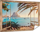 Gards Tuinposter Doorkijk Ibiza Cala d'Hort Strand - 150x100 cm - Tuindoek - Tuindecoratie - Wanddecoratie buiten - Tuinschilderij