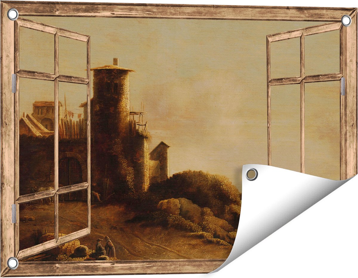 Gards Tuinposter Doorkijk Landschap - Claude de Jongh - 60x40 cm - Tuindoek - Tuindecoratie - Wanddecoratie buiten - Tuinschilderij licht bruin